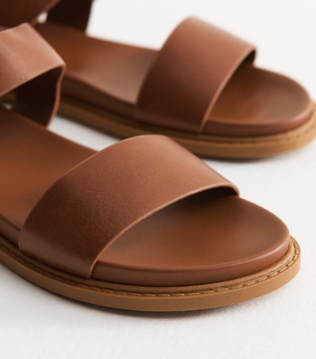 New Look Women's Tan Faux Leather Wide Strap Flat Sandals Vegan New Look - 3