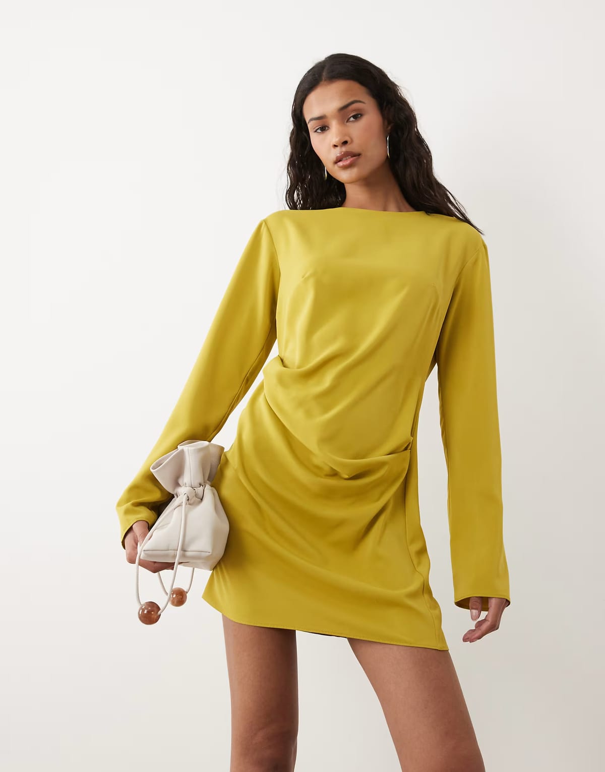 ASOS ASOS DESIGN fluid long sleeve mini dress with ruched side detail in gold - 1
