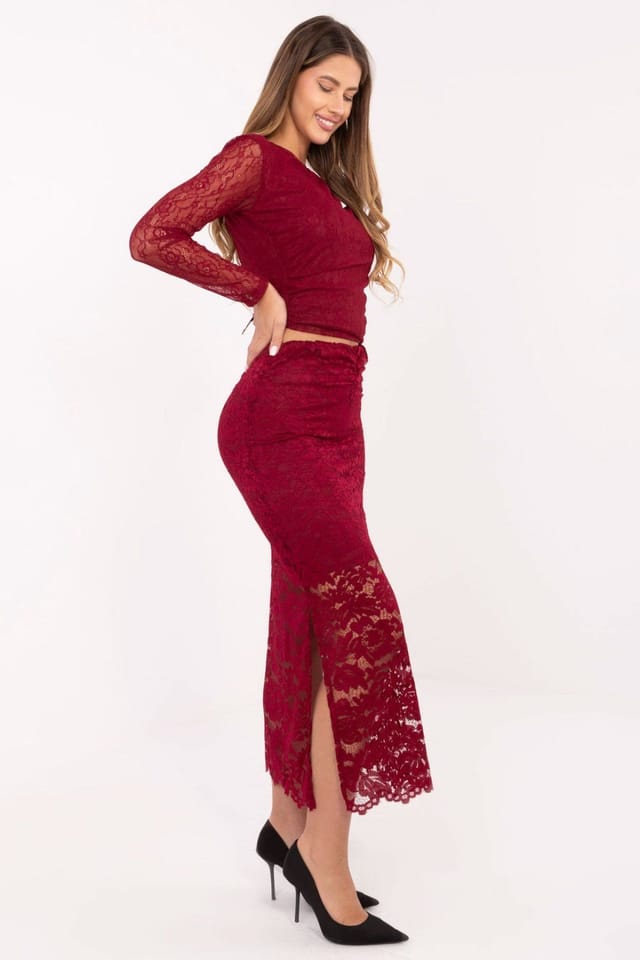 Love Lace Love Lace Women's Elastic Waist Midi Openwork Lace Skirt in Red - 2