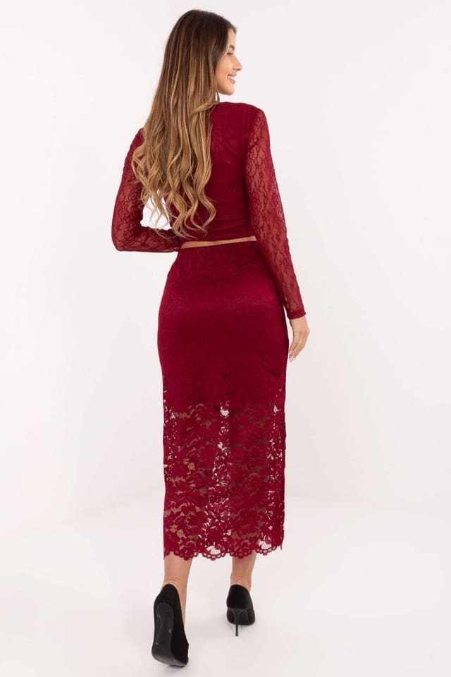 Love Lace Love Lace Women's Elastic Waist Midi Openwork Lace Skirt in Red - 3