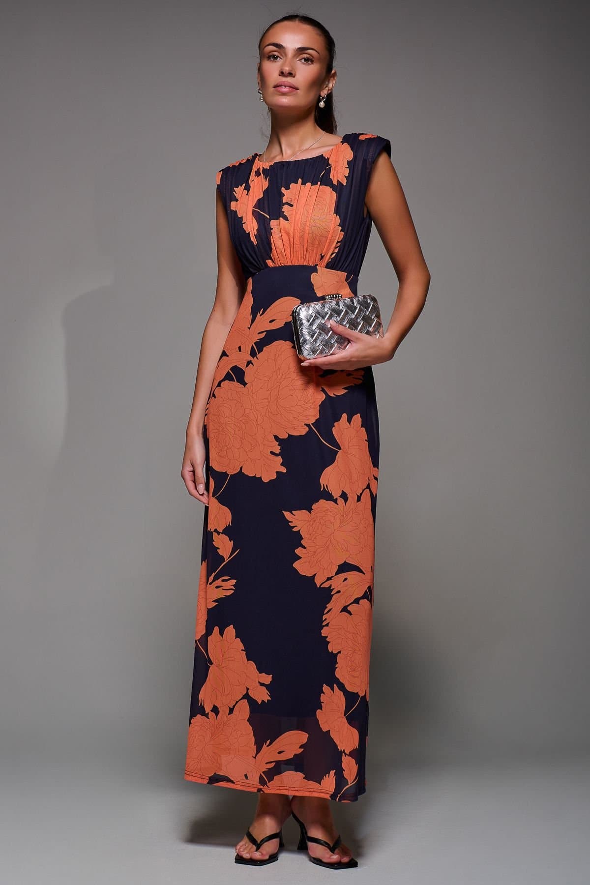 Jolie Moi Jolie Moi Women's Slash Neck Fit & Flare Mesh Maxi Dress in Dark Navy