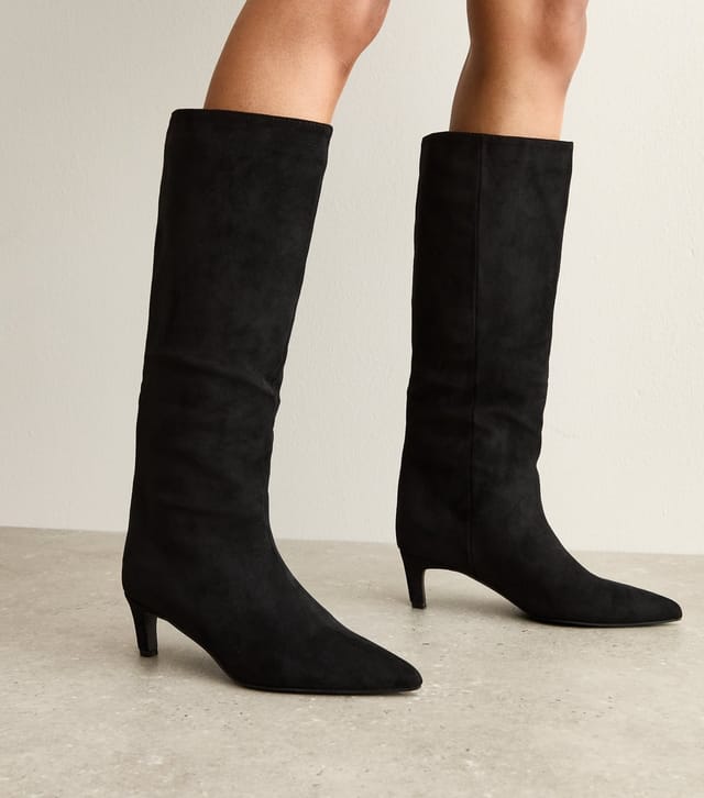 New Look Women's Black Faux Suede Low Stiletto Heel Knee High Boots Vegan New Look - 2