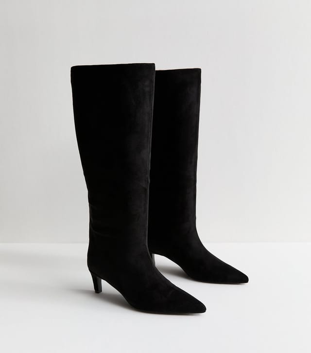 New Look Women's Black Faux Suede Low Stiletto Heel Knee High Boots Vegan New Look - 3
