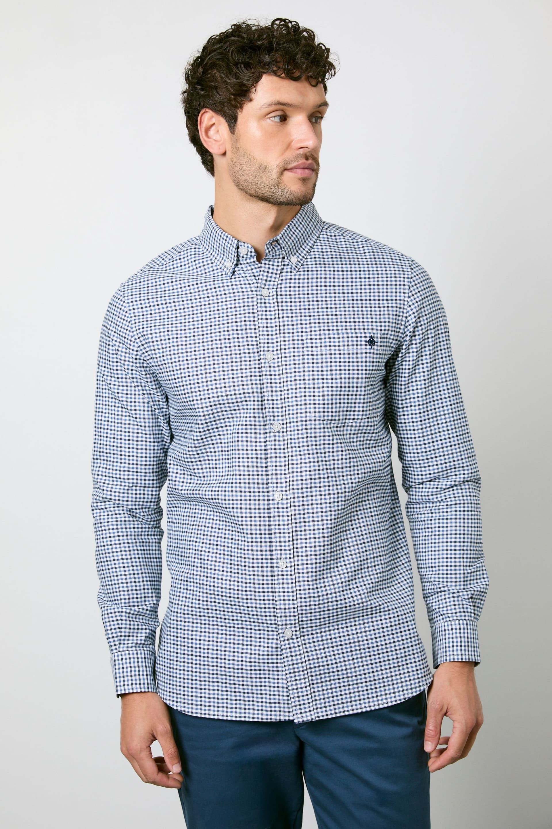 Maine Maine Men's Off White Blue Micro Check Long Sleeve Shirt