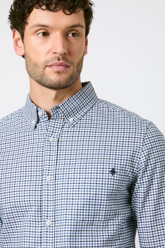 Maine Maine Men's Off White Blue Micro Check Long Sleeve Shirt - 2