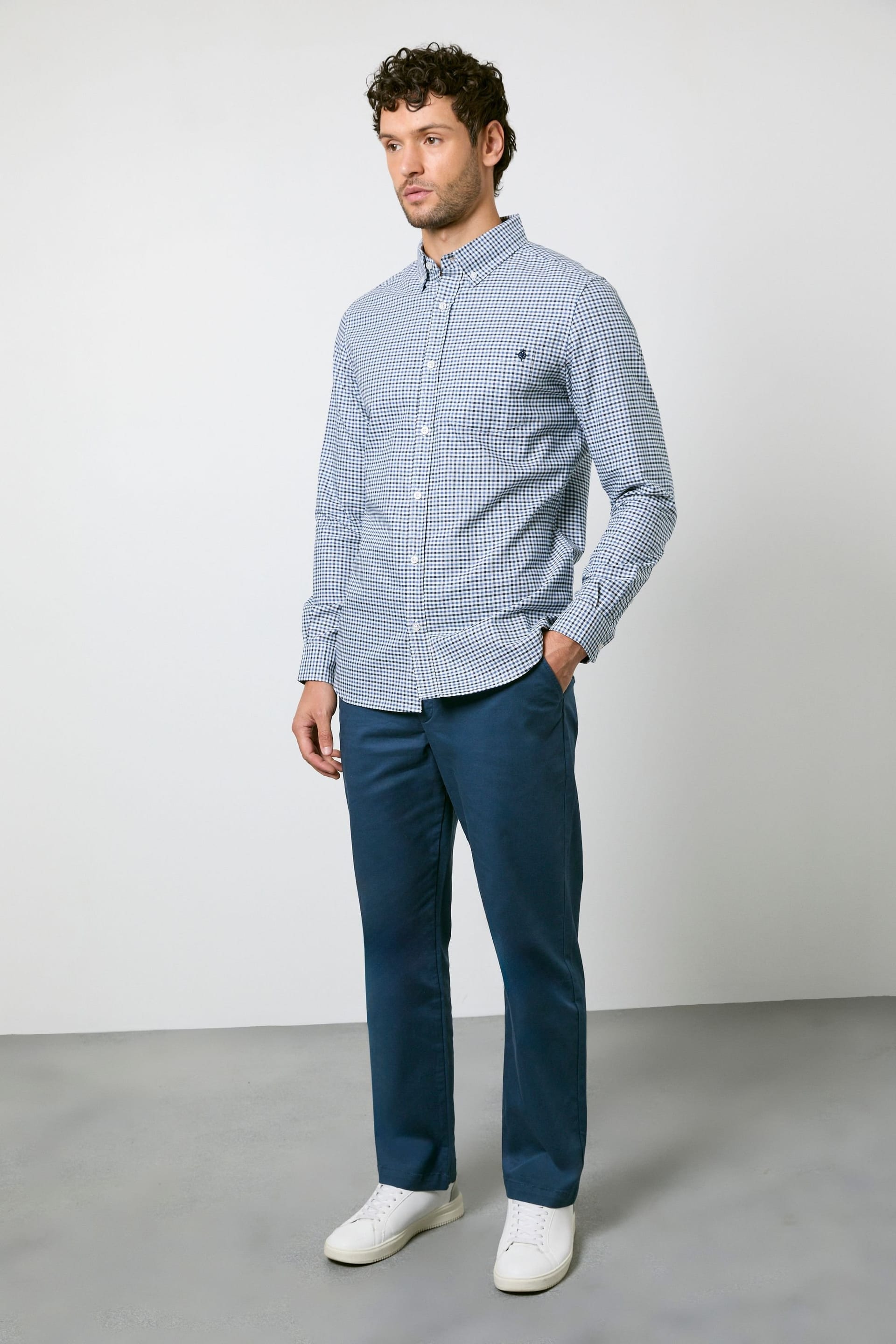 Maine Maine Men's Off White Blue Micro Check Long Sleeve Shirt - 4
