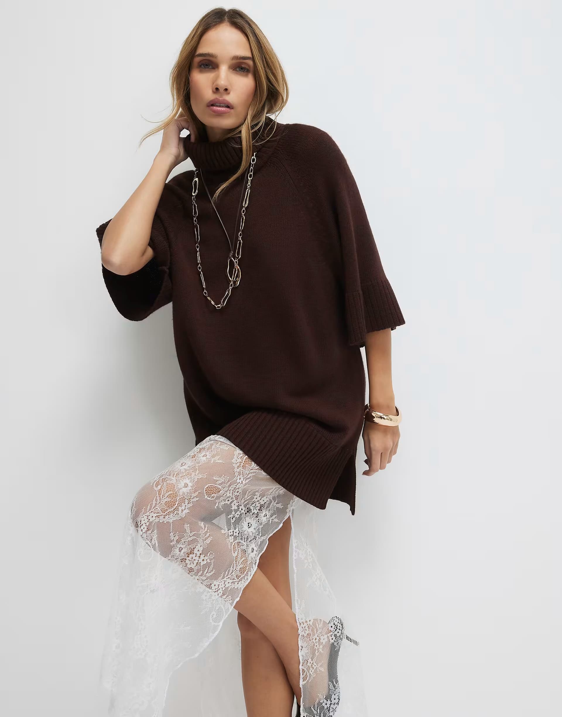 ASOS River Island Hybrid lace hem midi dress in brown - dark