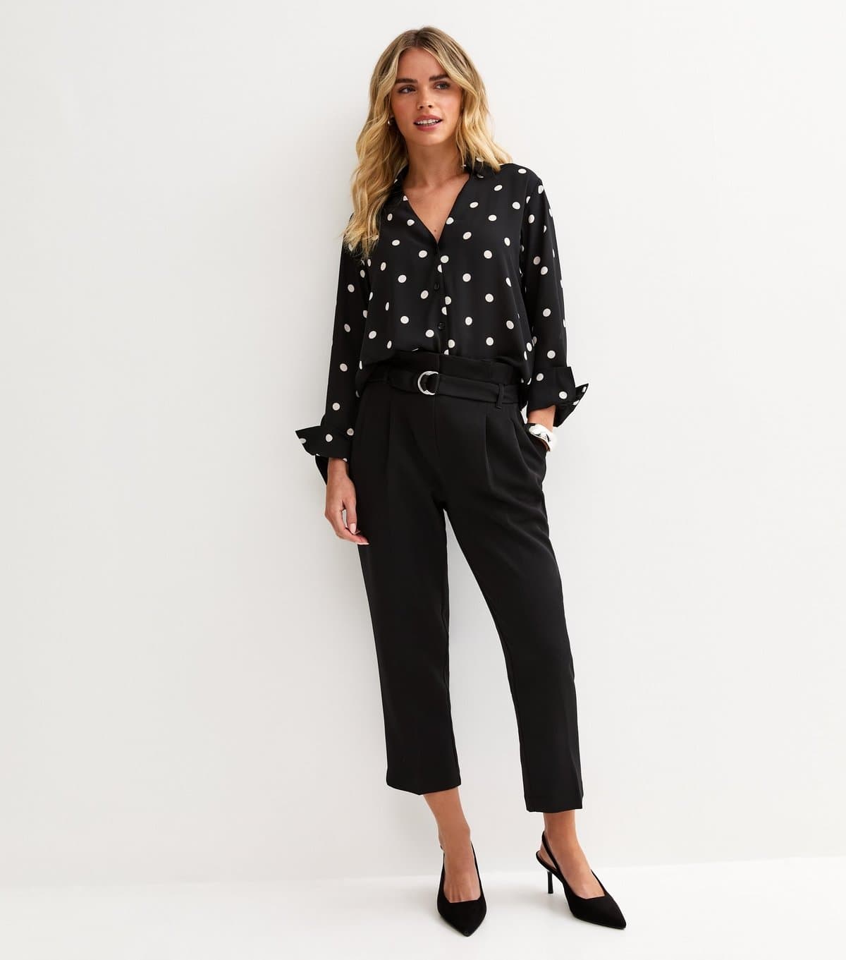 New Look Women's Petite Black Ring Belted Paperbag Waist Trousers New Look