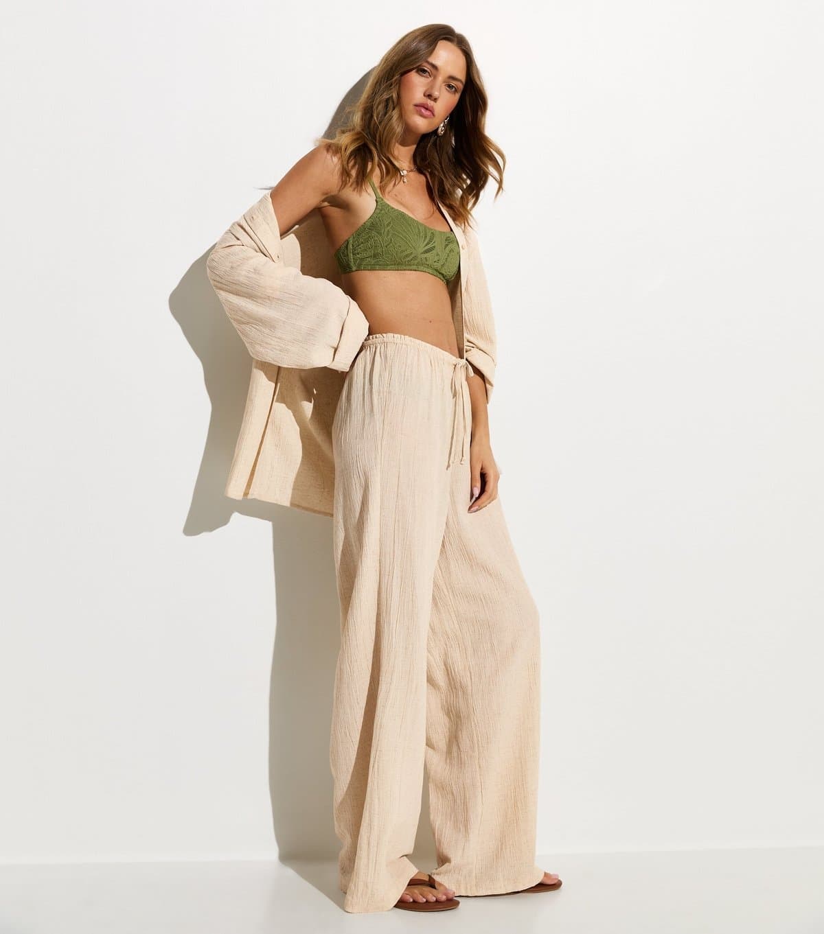 New Look Women's Off White Crinkled Wide Leg Beach Trousers New Look