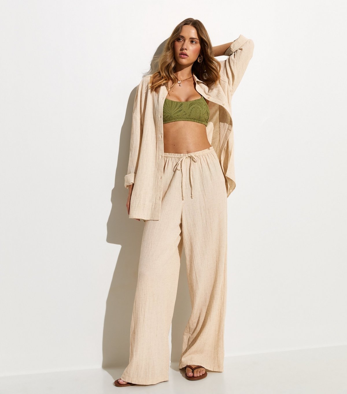 New Look Women's Off White Crinkled Wide Leg Beach Trousers New Look - 3