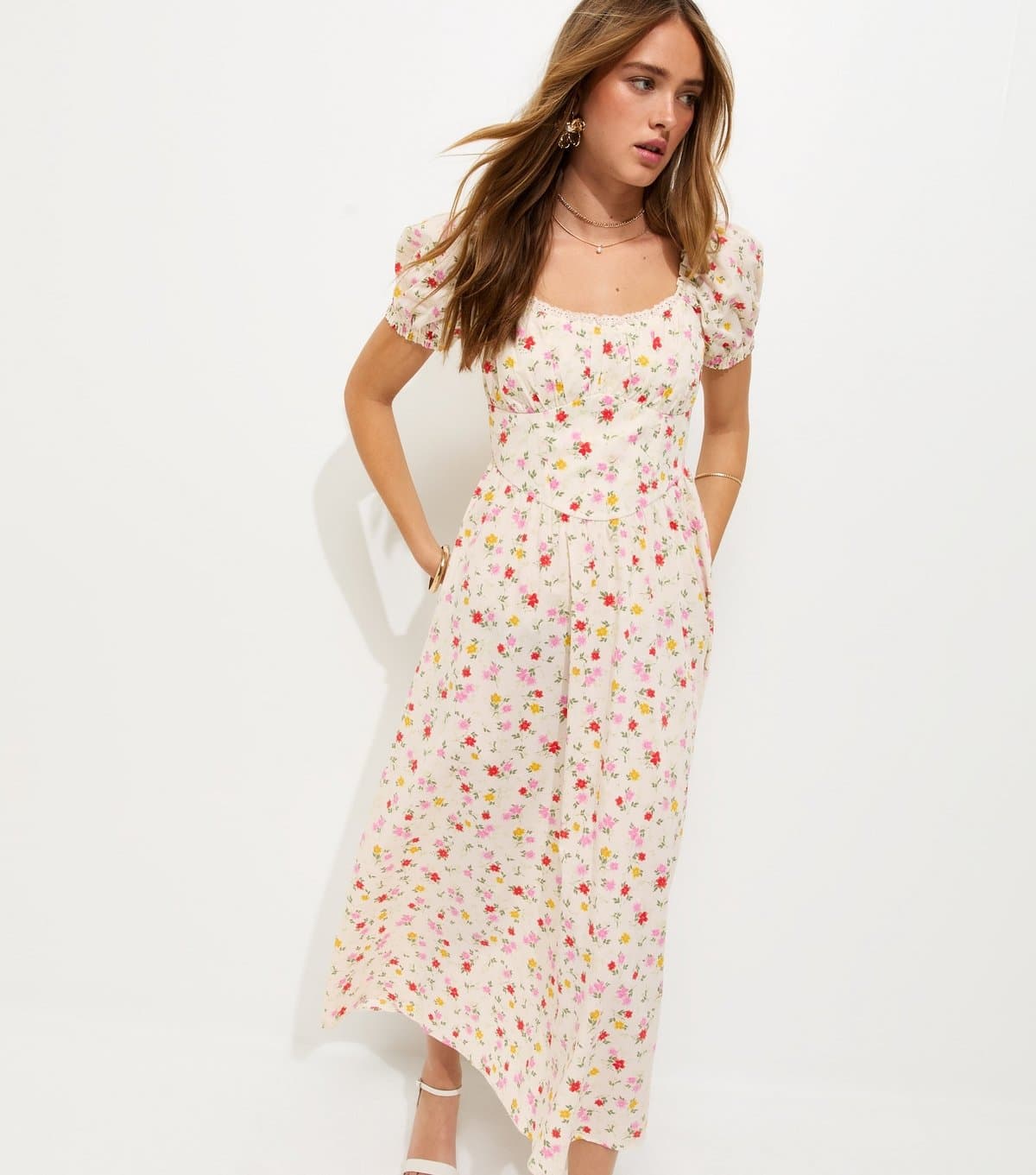 New Look Women's White Cotton Floral Ruched Midi Dress New Look