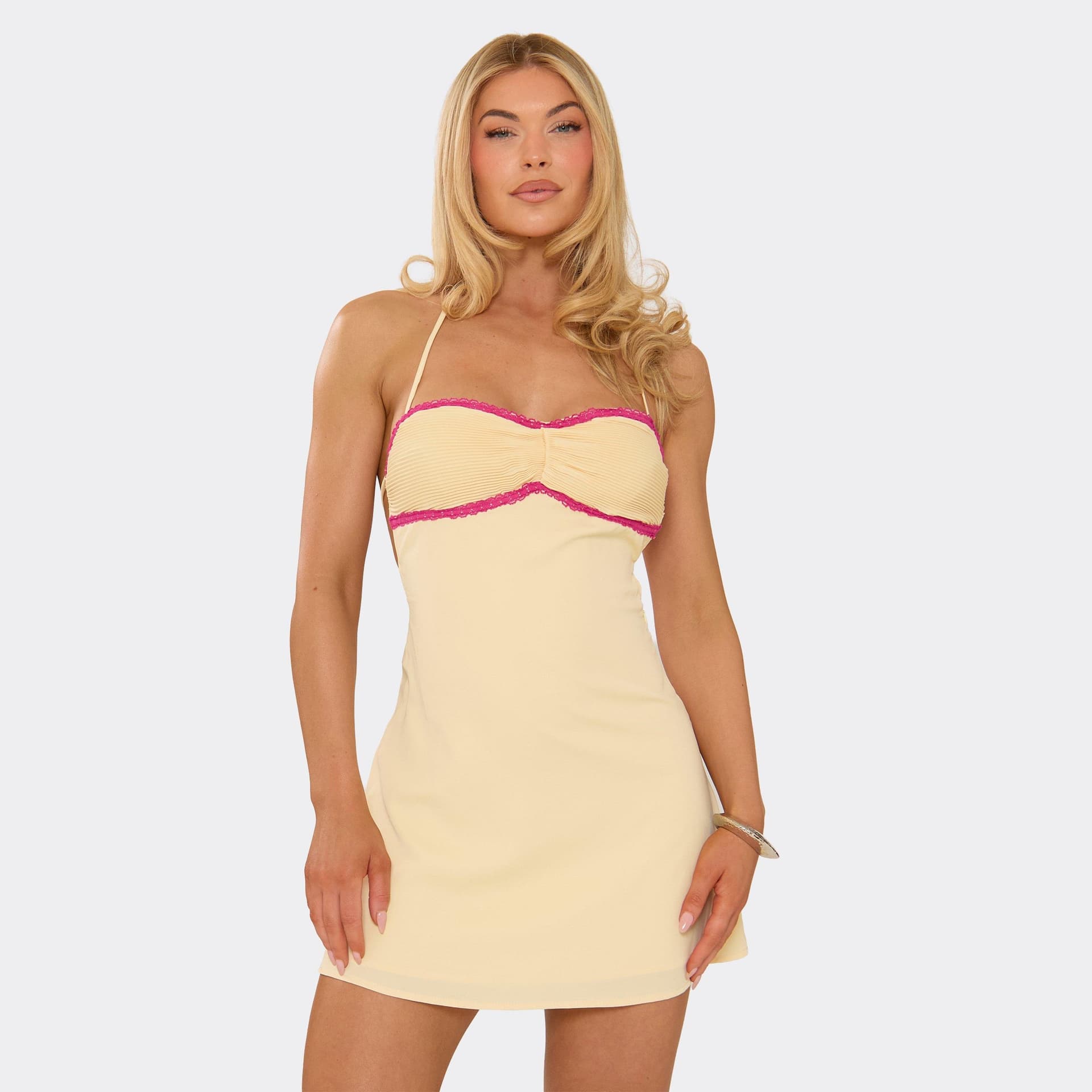EGO Halter Neck Contrast Lace Trim Ruched Bust Flippy Hem Mini Dress In Lemon, Women's Size UK 6