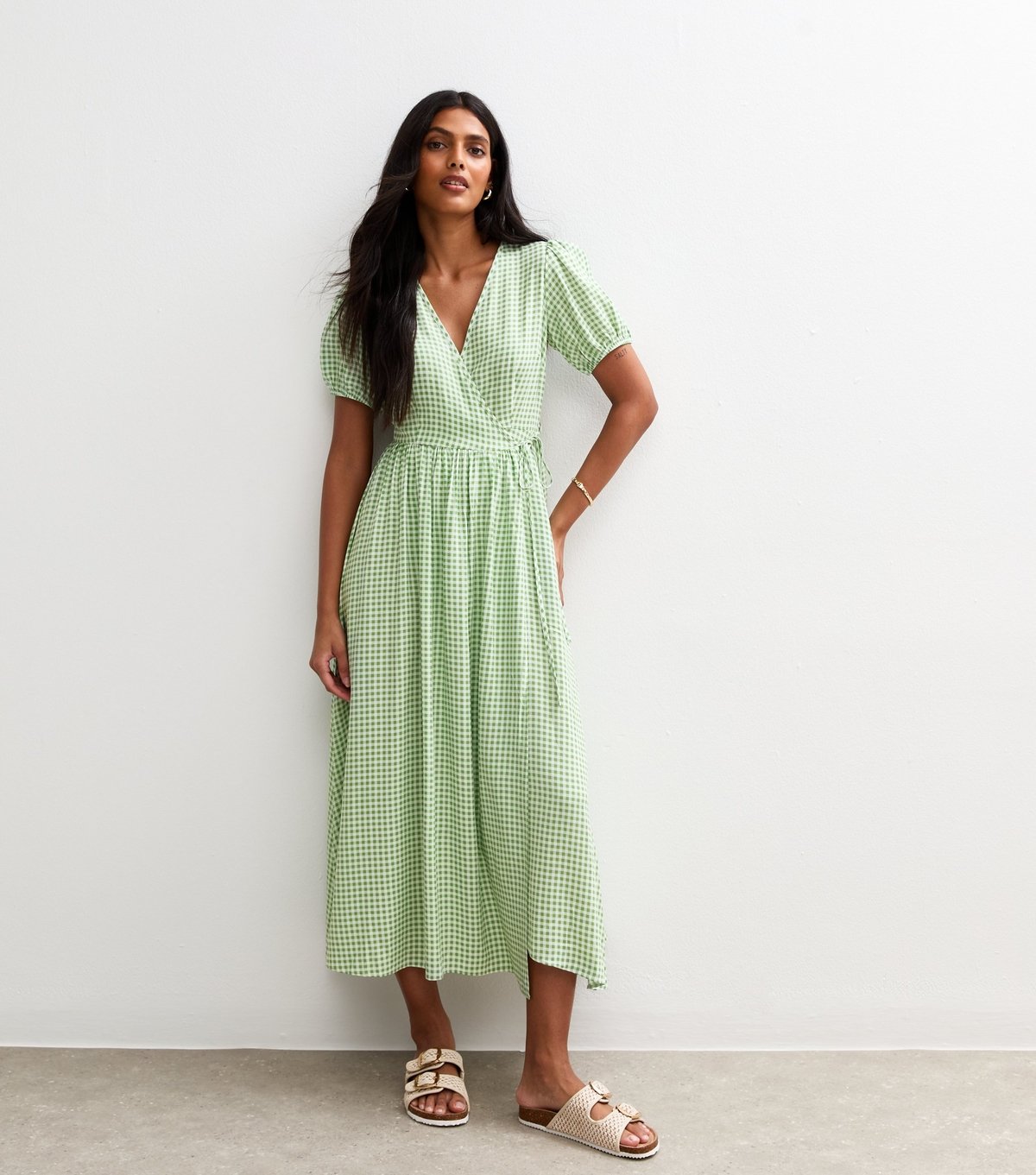 New Look Women's Green Gingham Print Wrap Tie Midi Dress New Look - 2