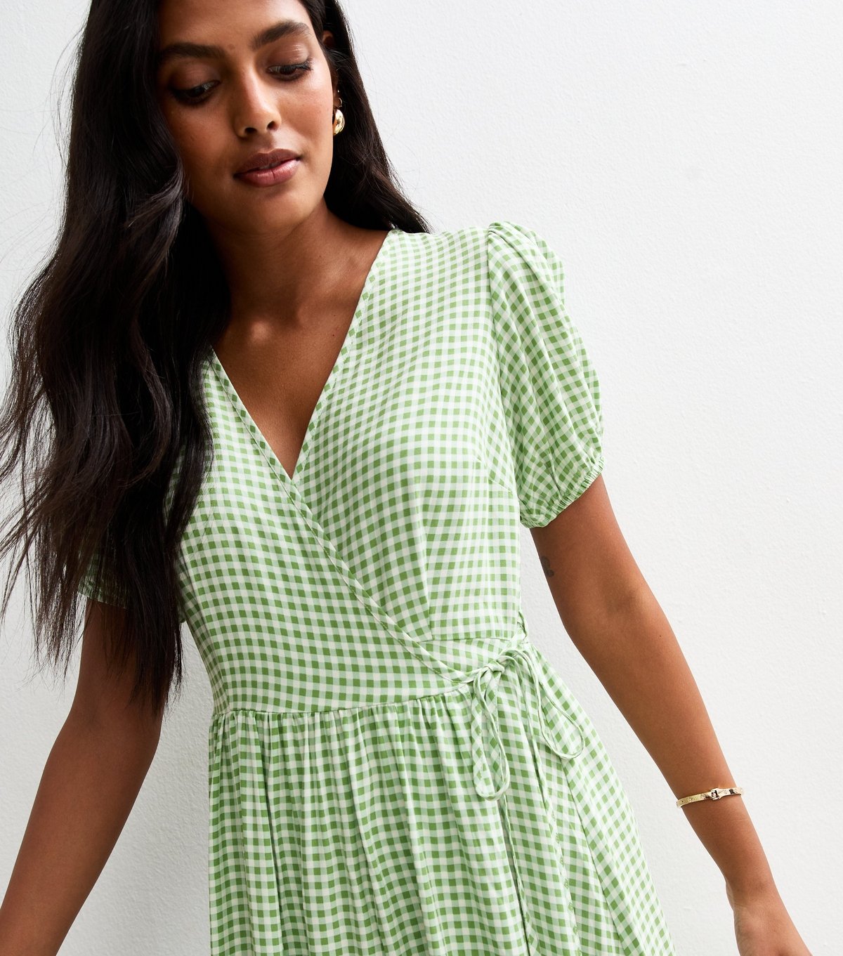 New Look Women's Green Gingham Print Wrap Tie Midi Dress New Look - 3