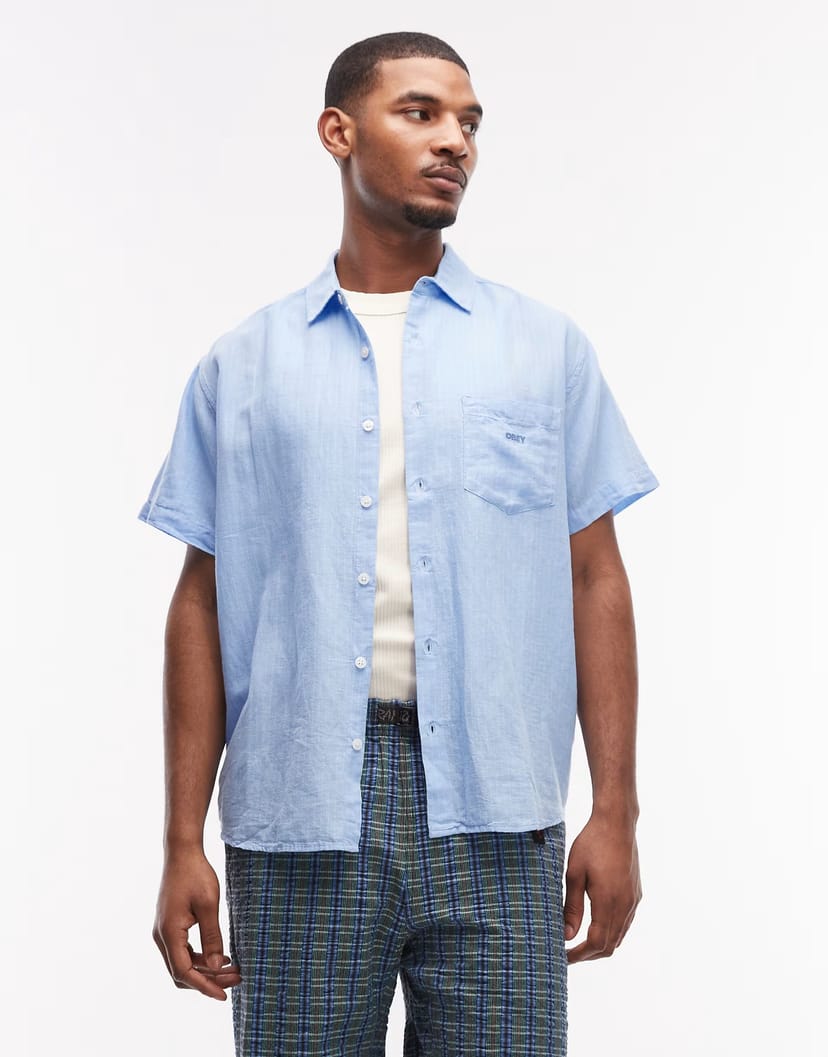 ASOS Obey barry woven linen mix short sleeve shirt in sky blue - 1