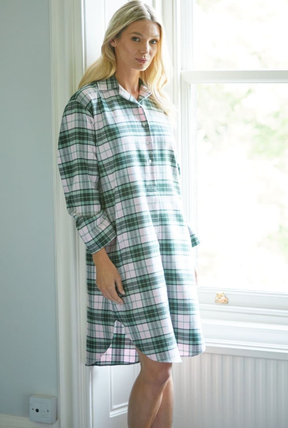 British Boxers British Boxers Women's "Burnet Rose" Tartan Brushed Cotton Nightshirt in Baby Pink