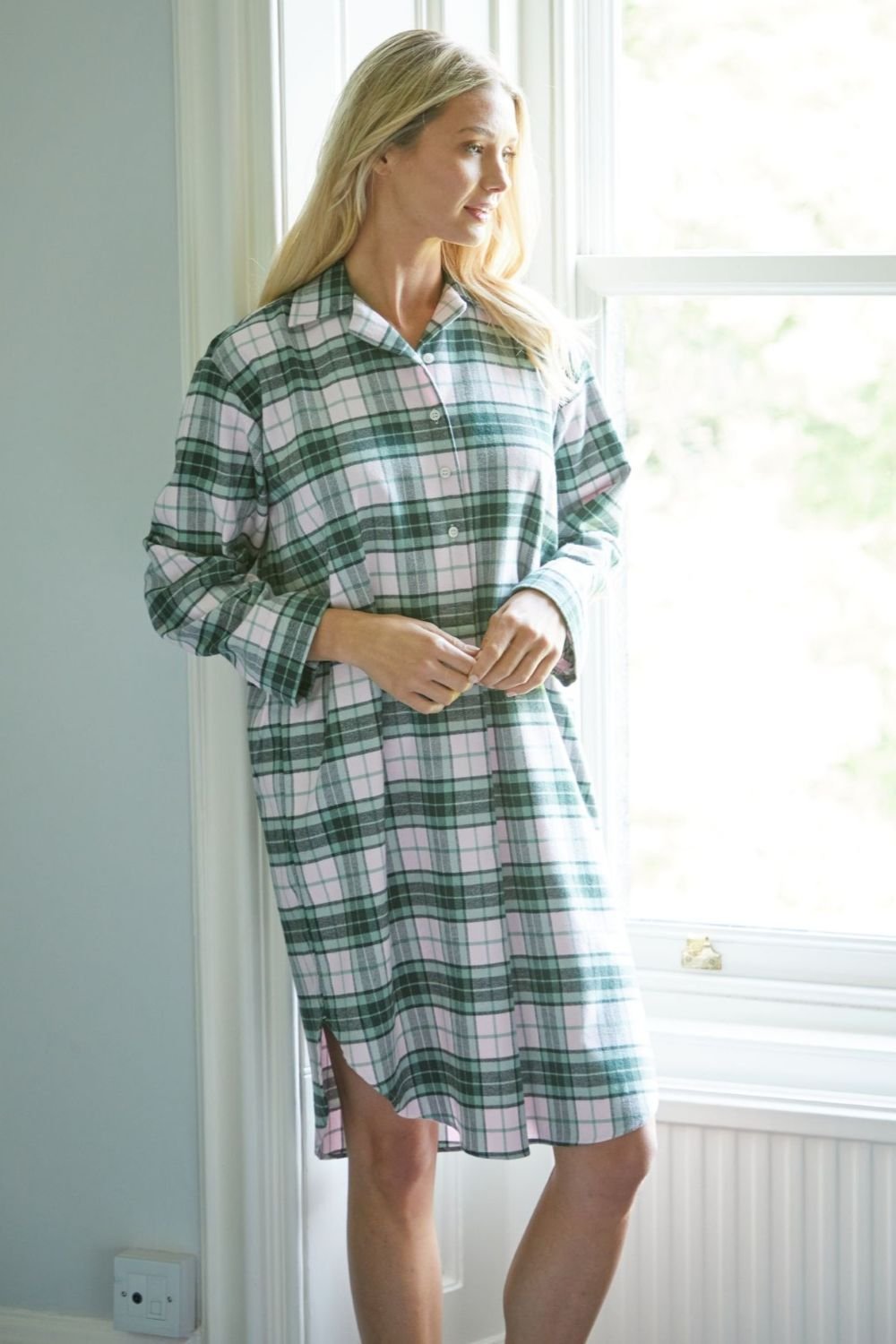 British Boxers British Boxers Women's "Burnet Rose" Tartan Brushed Cotton Nightshirt in Baby Pink - 2