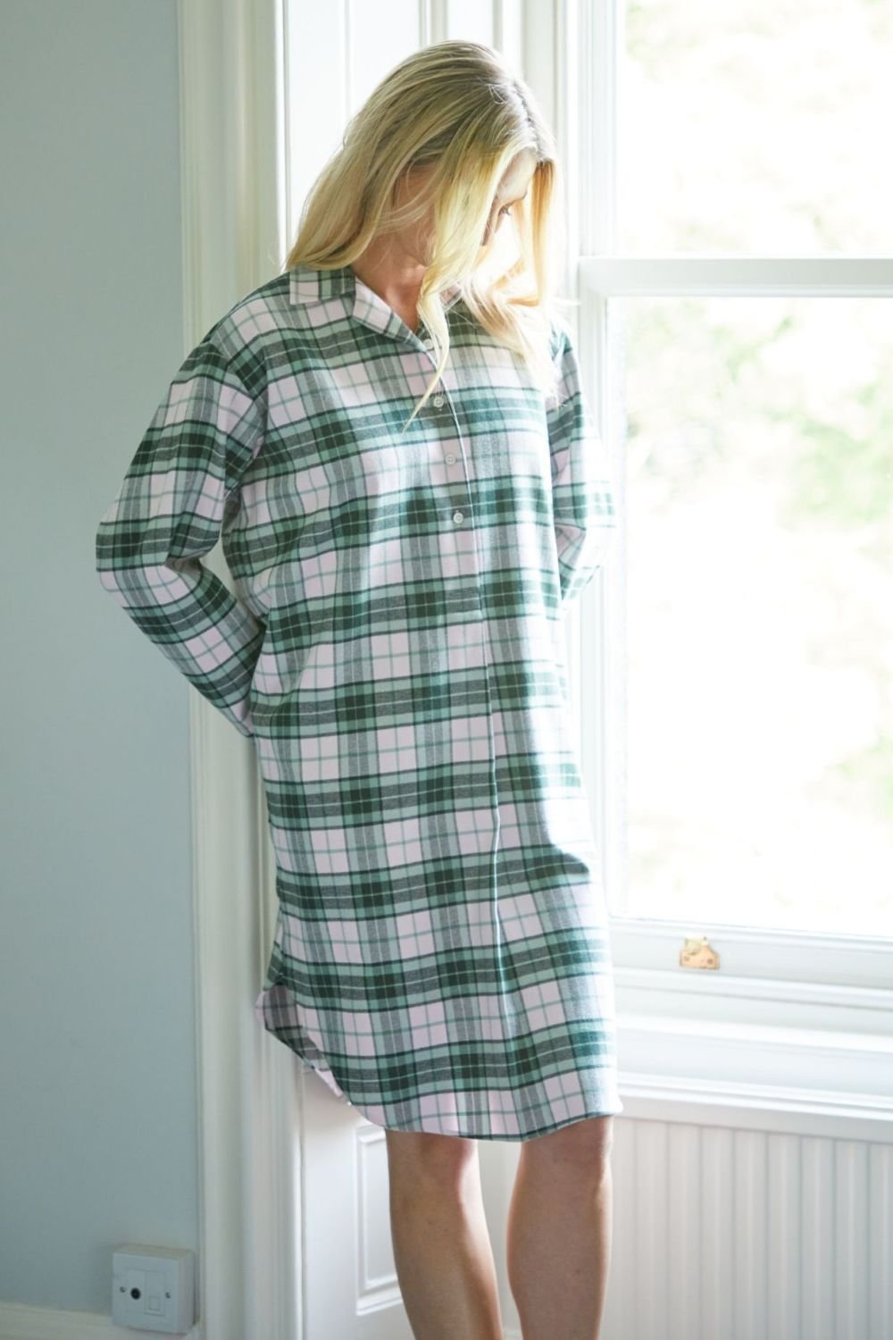 British Boxers British Boxers Women's "Burnet Rose" Tartan Brushed Cotton Nightshirt in Baby Pink - 3