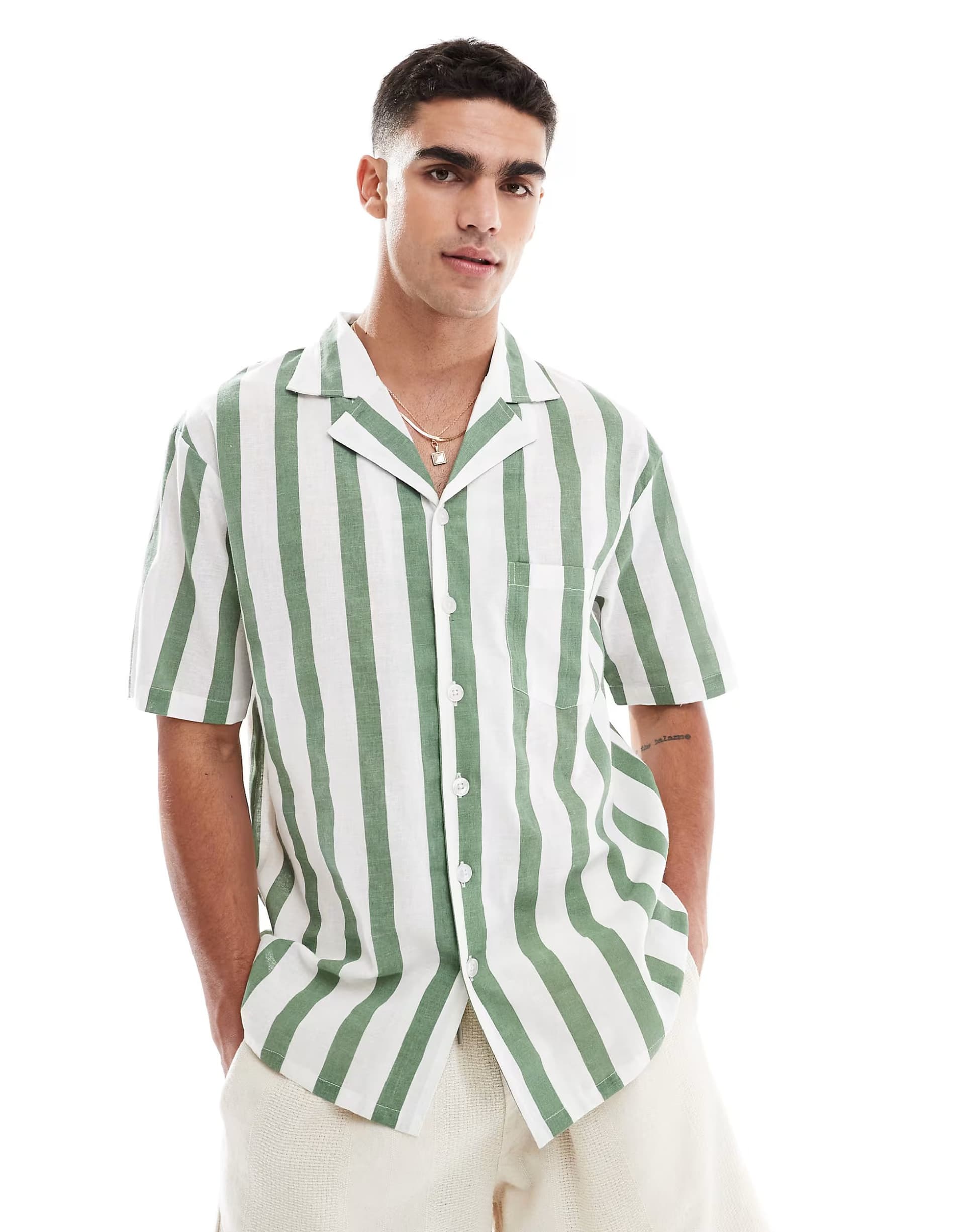 ASOS Sol Beach stripe beach shirt in khaki and white