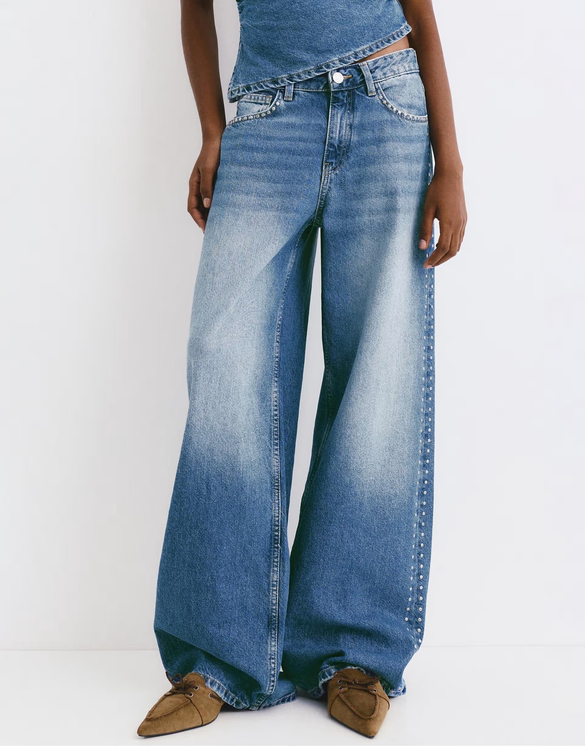 ASOS Pull&Bear Studded wide-leg jeans in medium blue