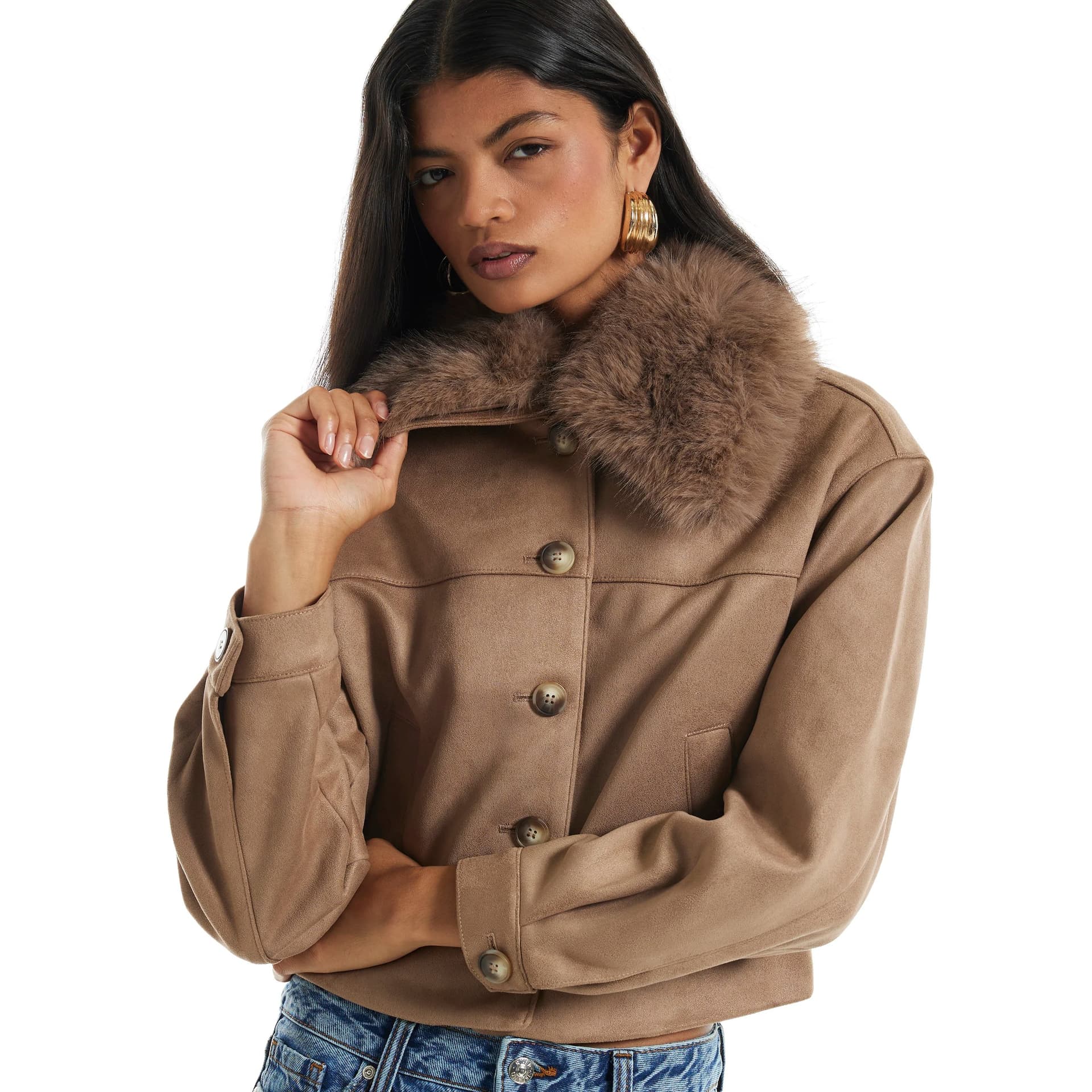 River Island River Island Womens Beige Faux Suede Faux Fur Collar Jacket