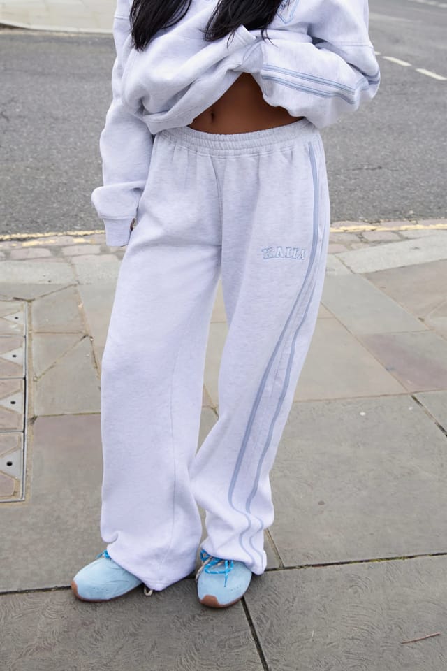 Kaiia Kaiia Sport Side Stripe Wide Leg Joggers Light Grey Marl & Light Blue - 3