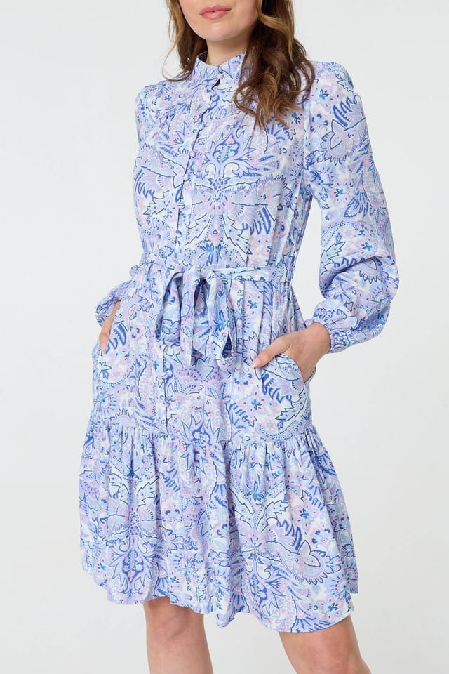 Izabel London Izabel London Women's Printed High Neck Short Shirt Dress in Blue - 2