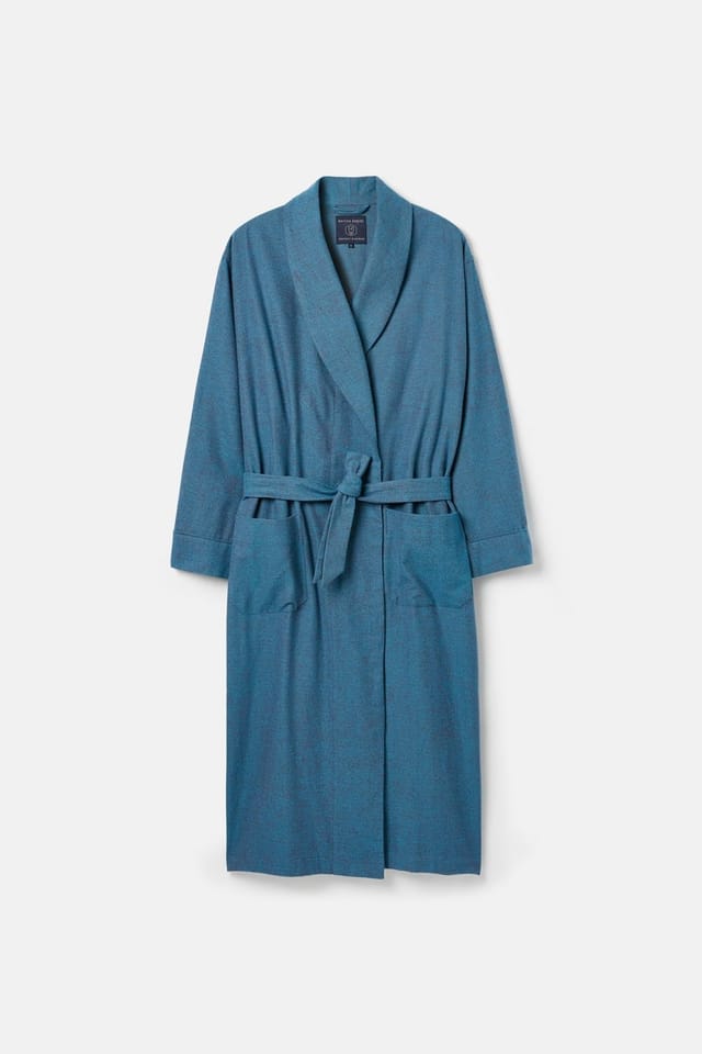 British Boxers British Boxers Men's 'Stornoway' Herringbone Brushed Cotton Dressing Gown in Teal - 2