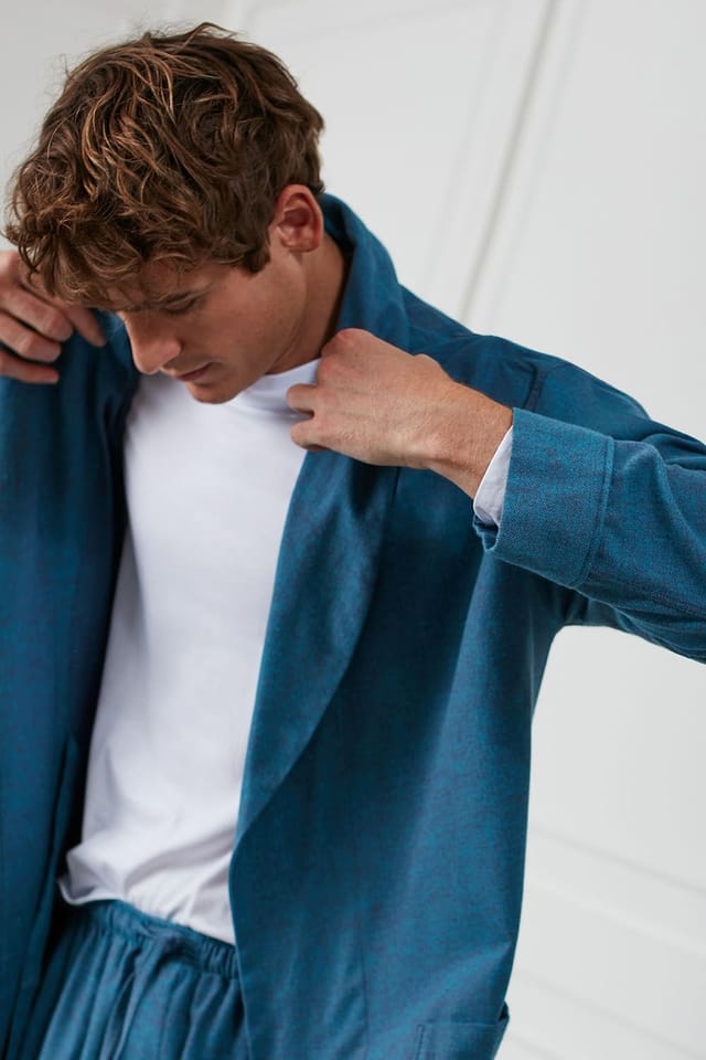 British Boxers British Boxers Men's 'Stornoway' Herringbone Brushed Cotton Dressing Gown in Teal - 3