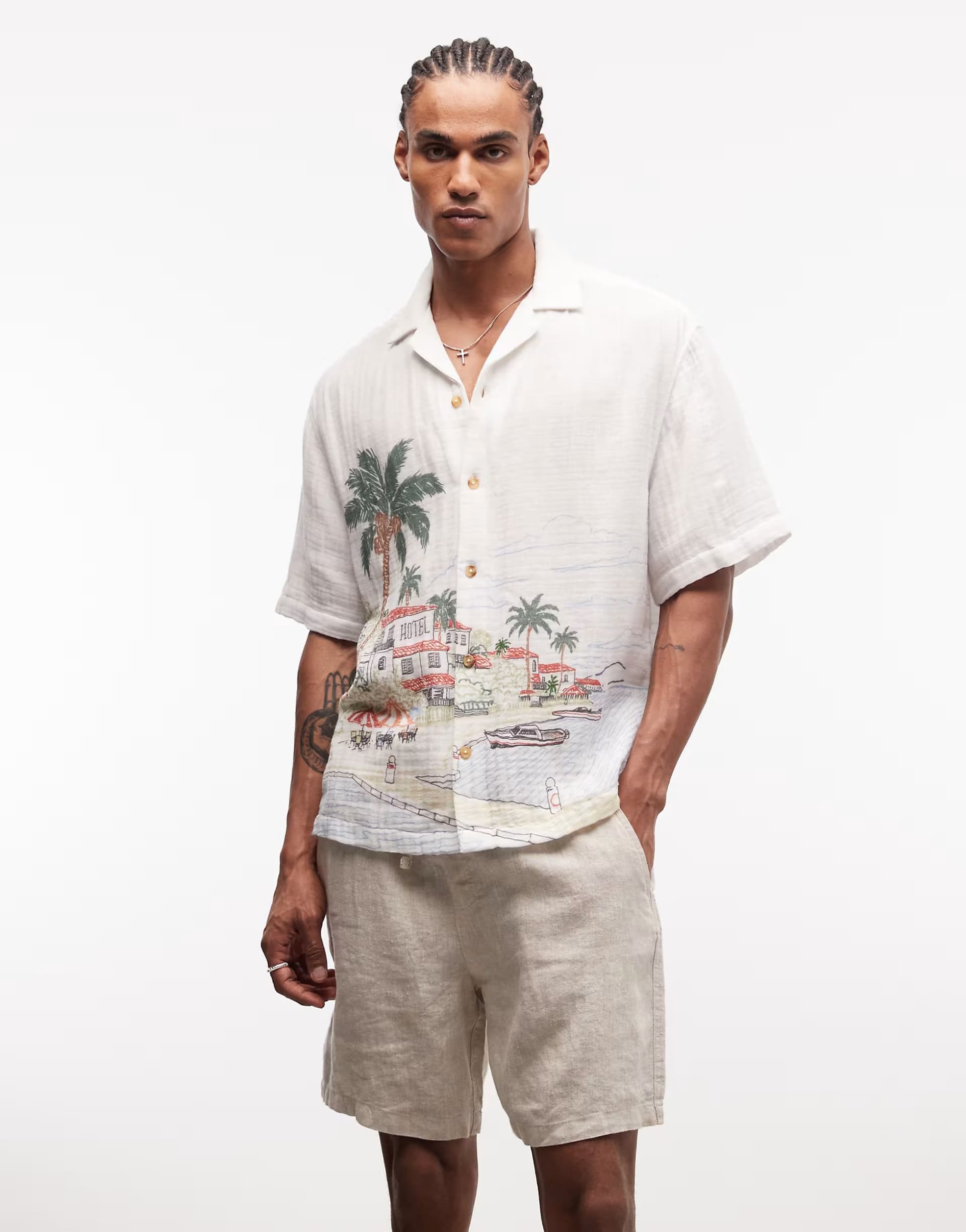 ASOS ASOS DESIGN oversized shirt with beach print in beige