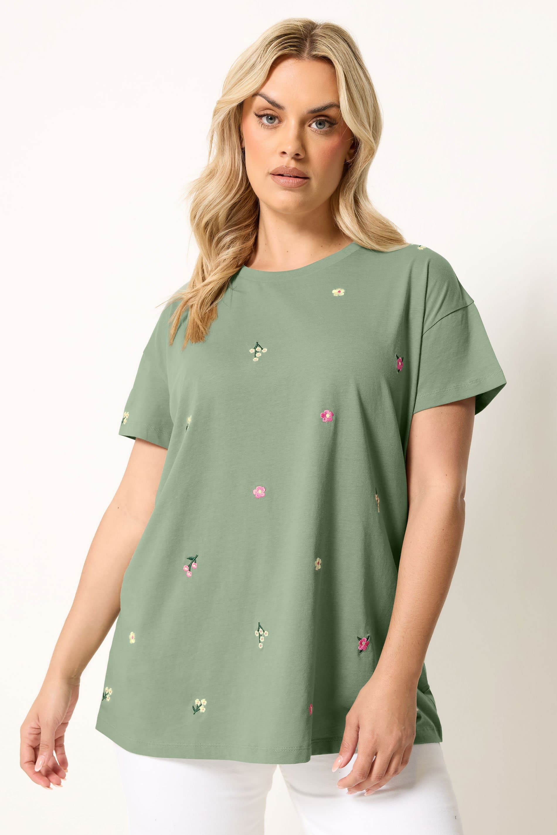 Yours Plus Size Green Embroidered Flower Tshirt