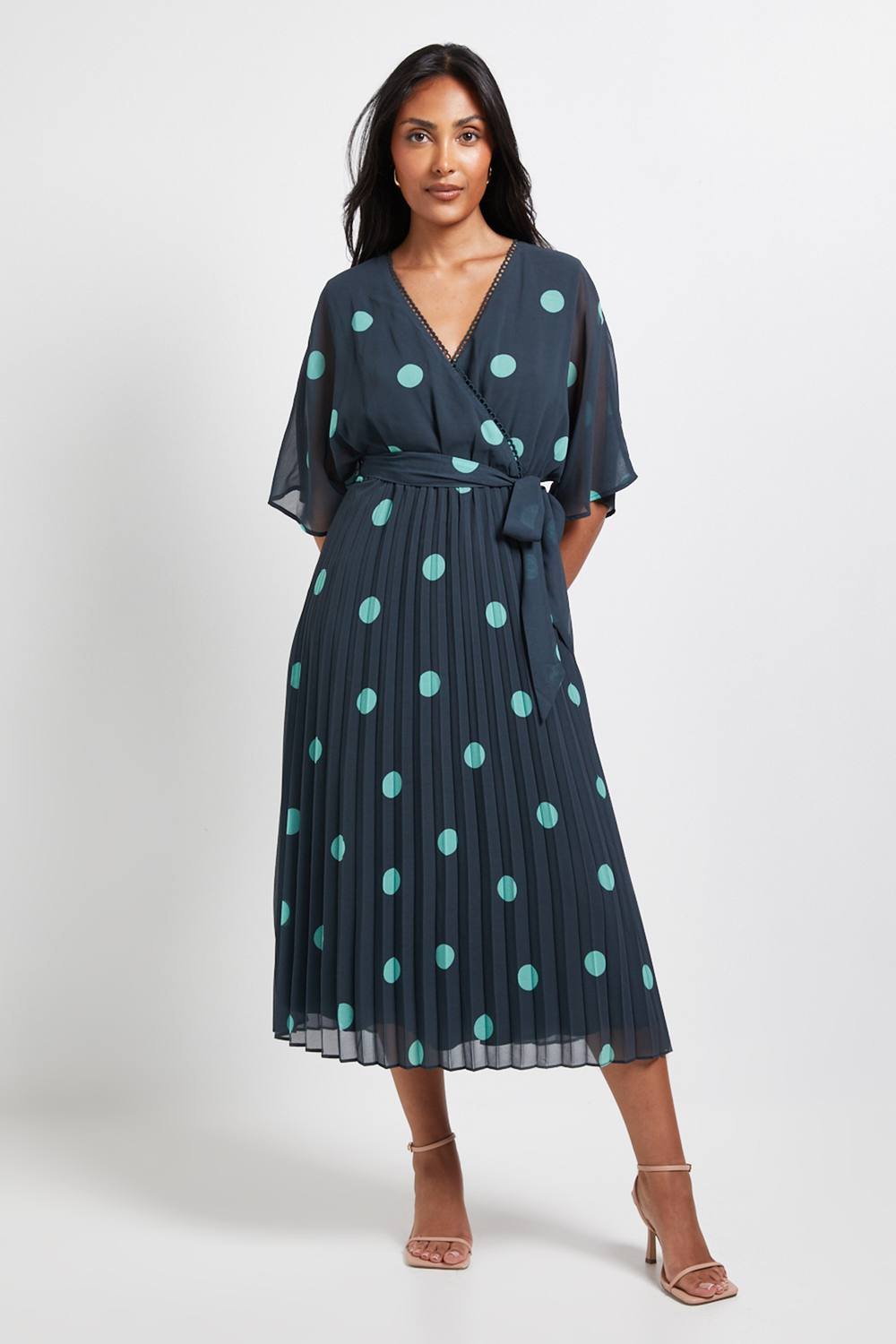 Wallis Wallis Women's Petite Polka Dot Pleated Midi Dress in Green - 2