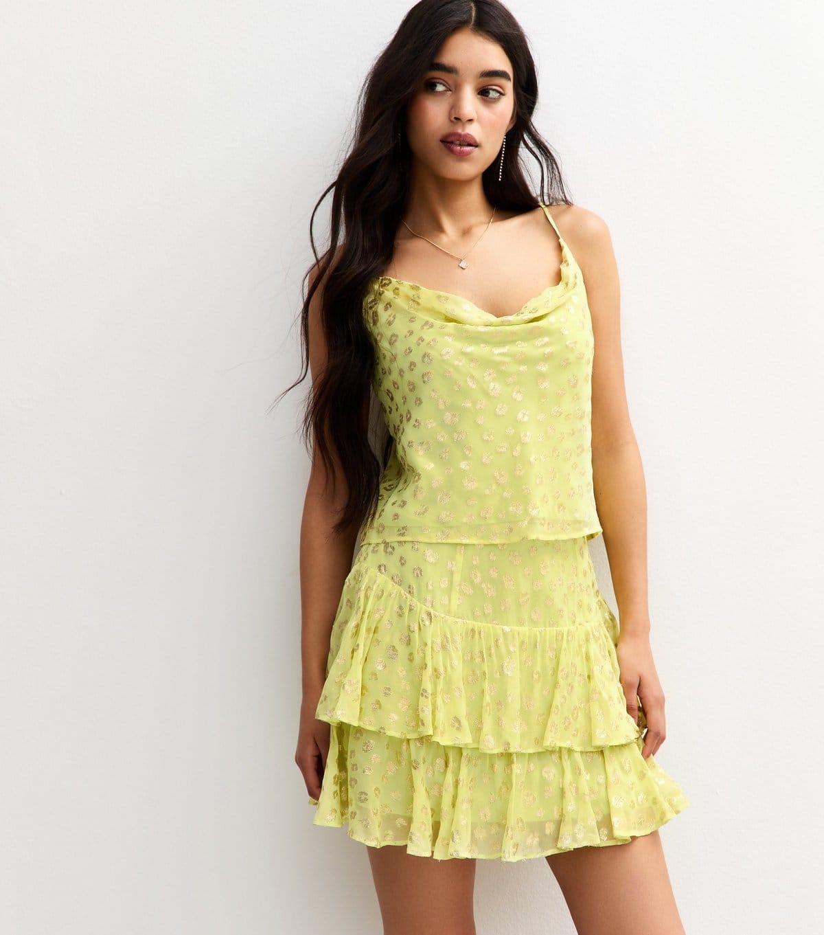 Women's Bright Yellow Metallic Jacquard Ruffle Mini Skirt New Look