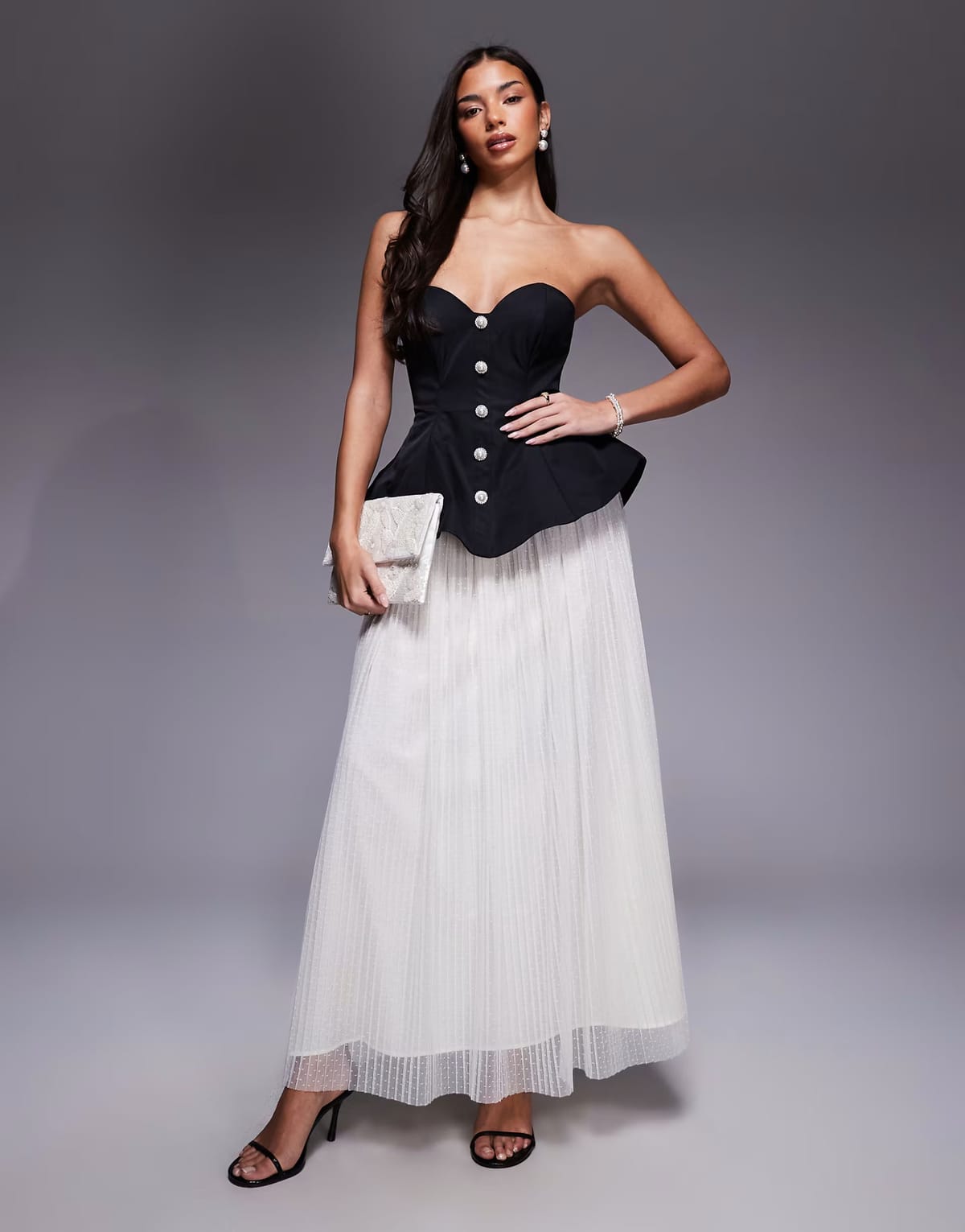 ASOS ASOS LUXE sculpted bandeau maxi dress with pleated dobby mesh skirt in mono - 1