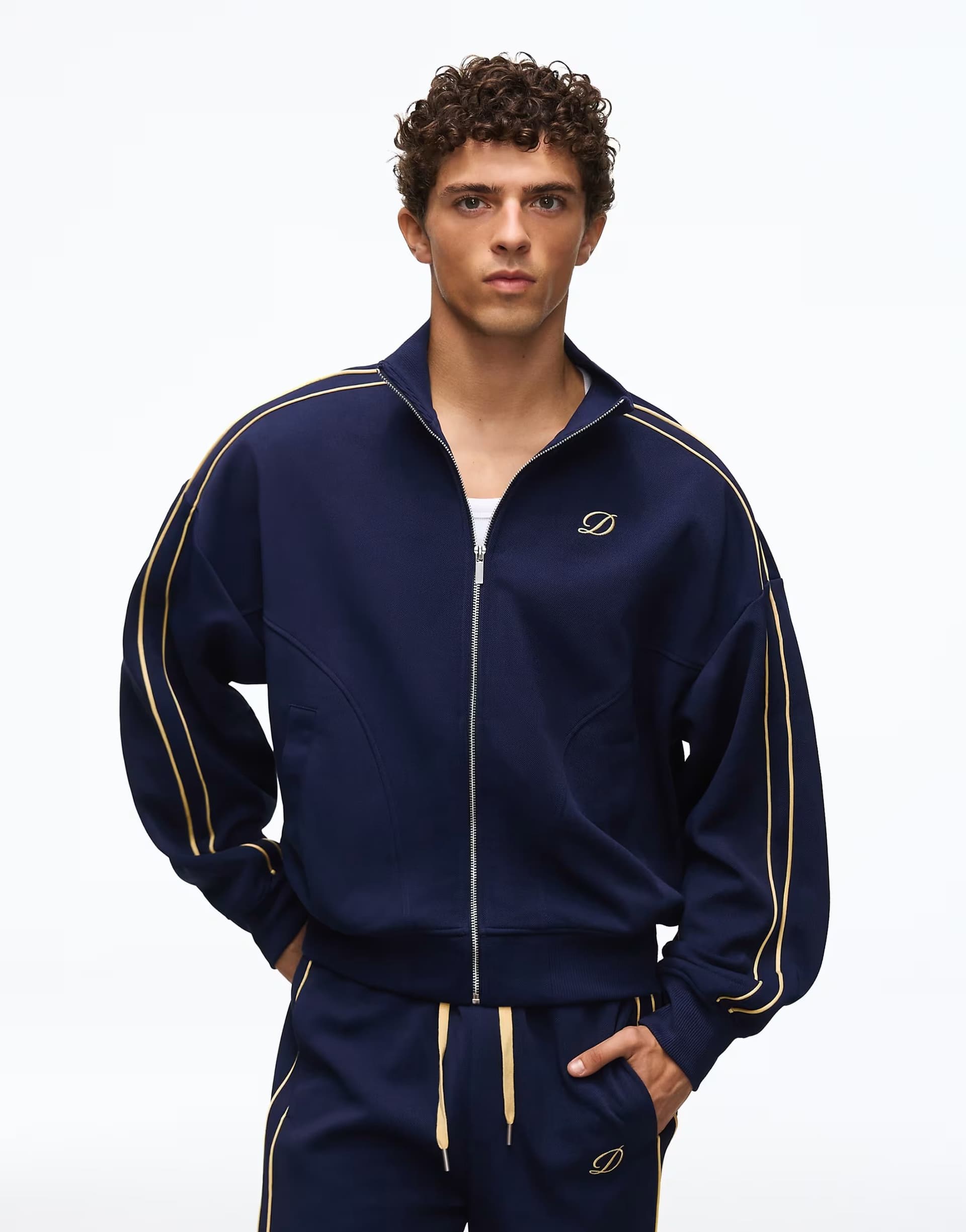 ASOS Bershka Zip-through piqué jacket with piping in navy