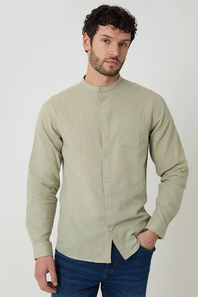 Threadbare Threadbare Men's Linen Blend Long Sleeve Grandad Collar Shirt in Pale Green - 3