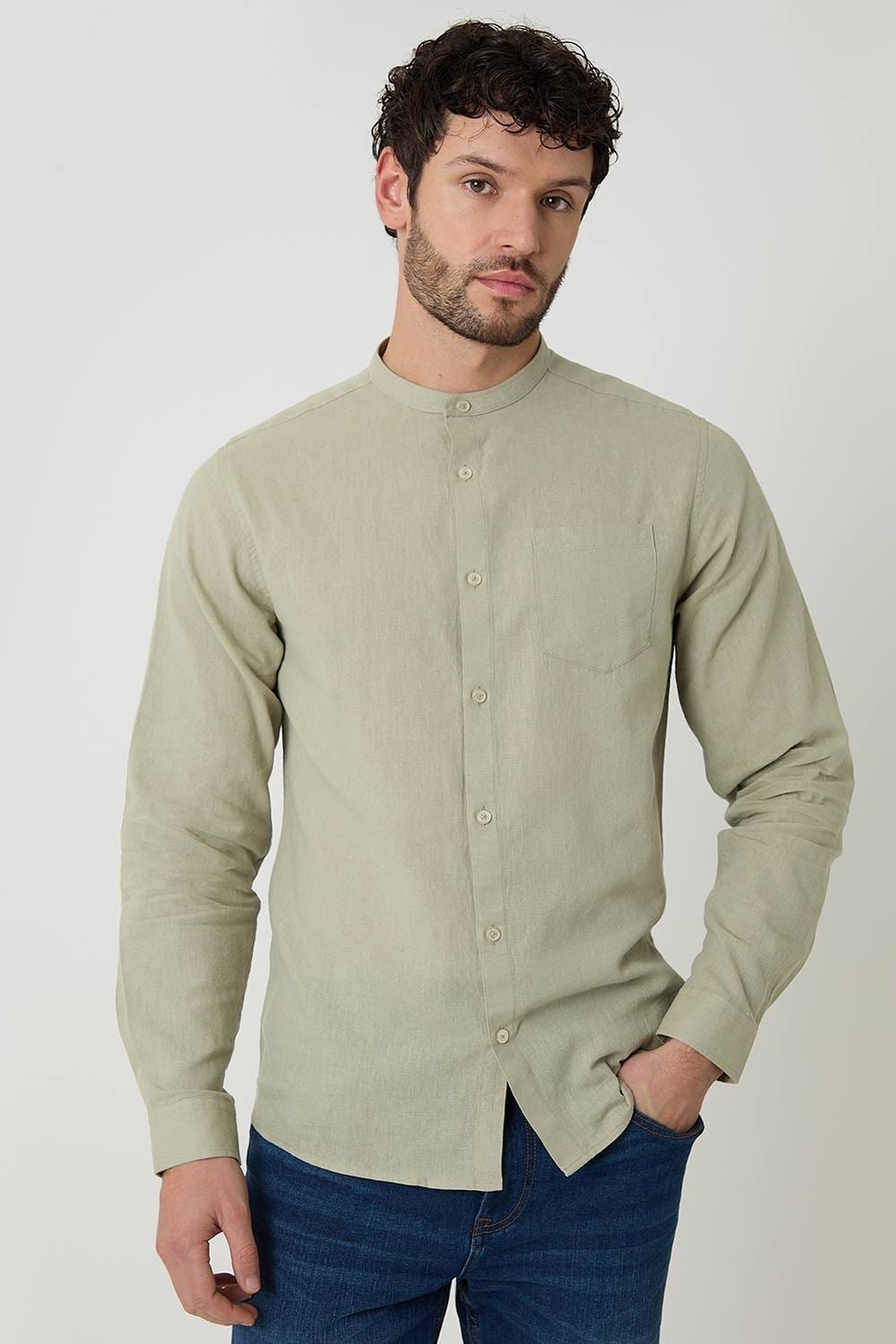 Threadbare Threadbare Men's Linen Blend Long Sleeve Grandad Collar Shirt in Pale Green - 4