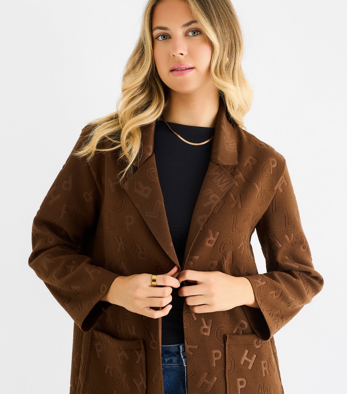 Gini London Women's Brown Collared Letter Embossed Coat Gini London New Look - 2