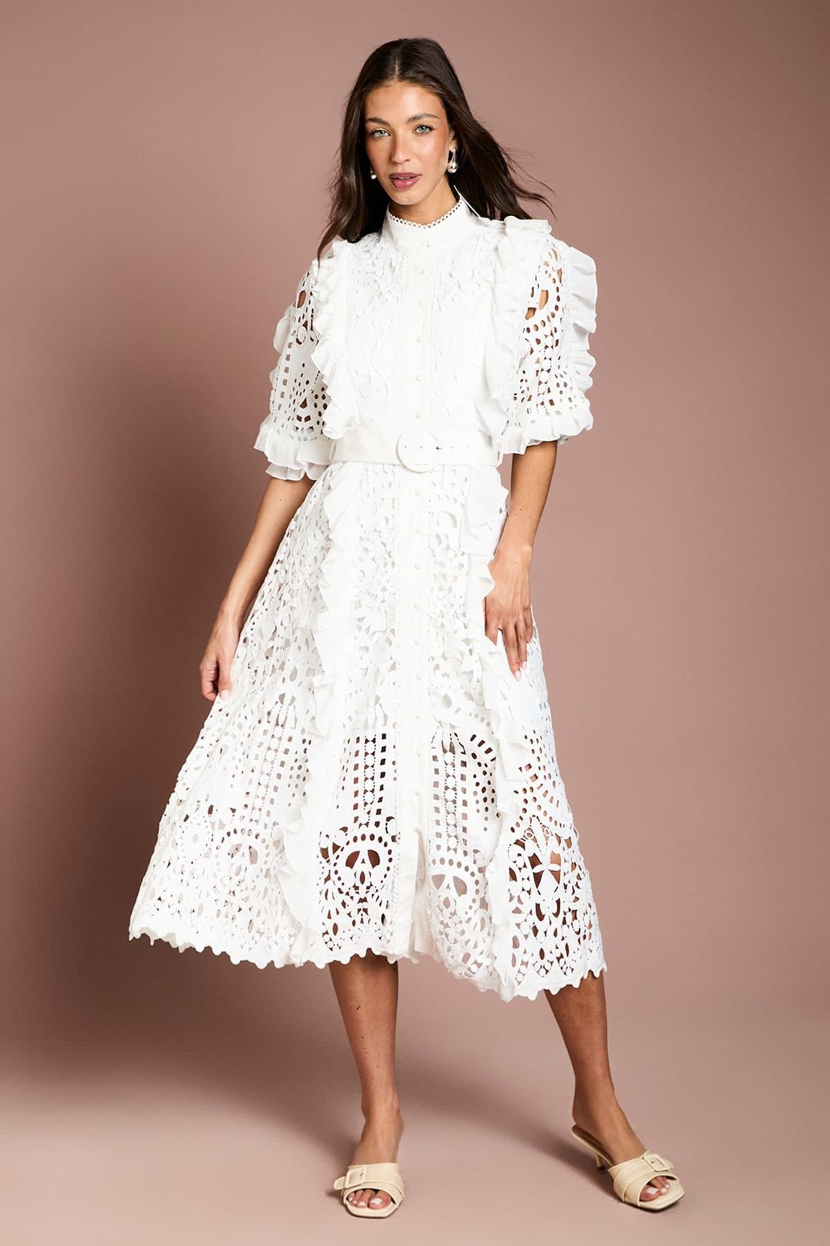 Coast Coast Women's Lace Ruffle Shirt Dress With Tie in White