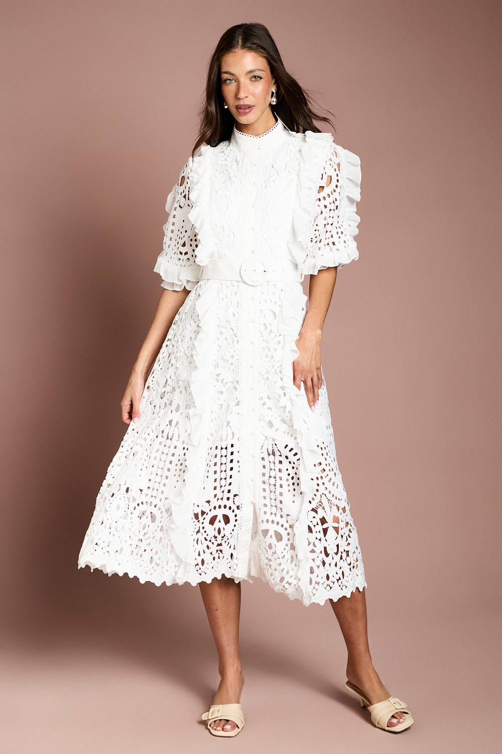 Coast Coast Women's Lace Ruffle Shirt Dress With Tie in White - 2