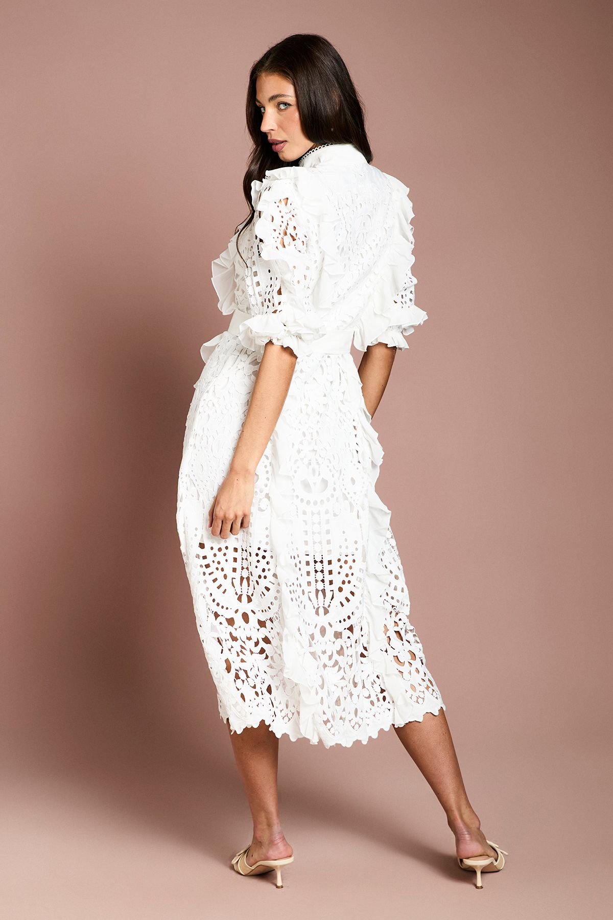 Coast Coast Women's Lace Ruffle Shirt Dress With Tie in White - 3