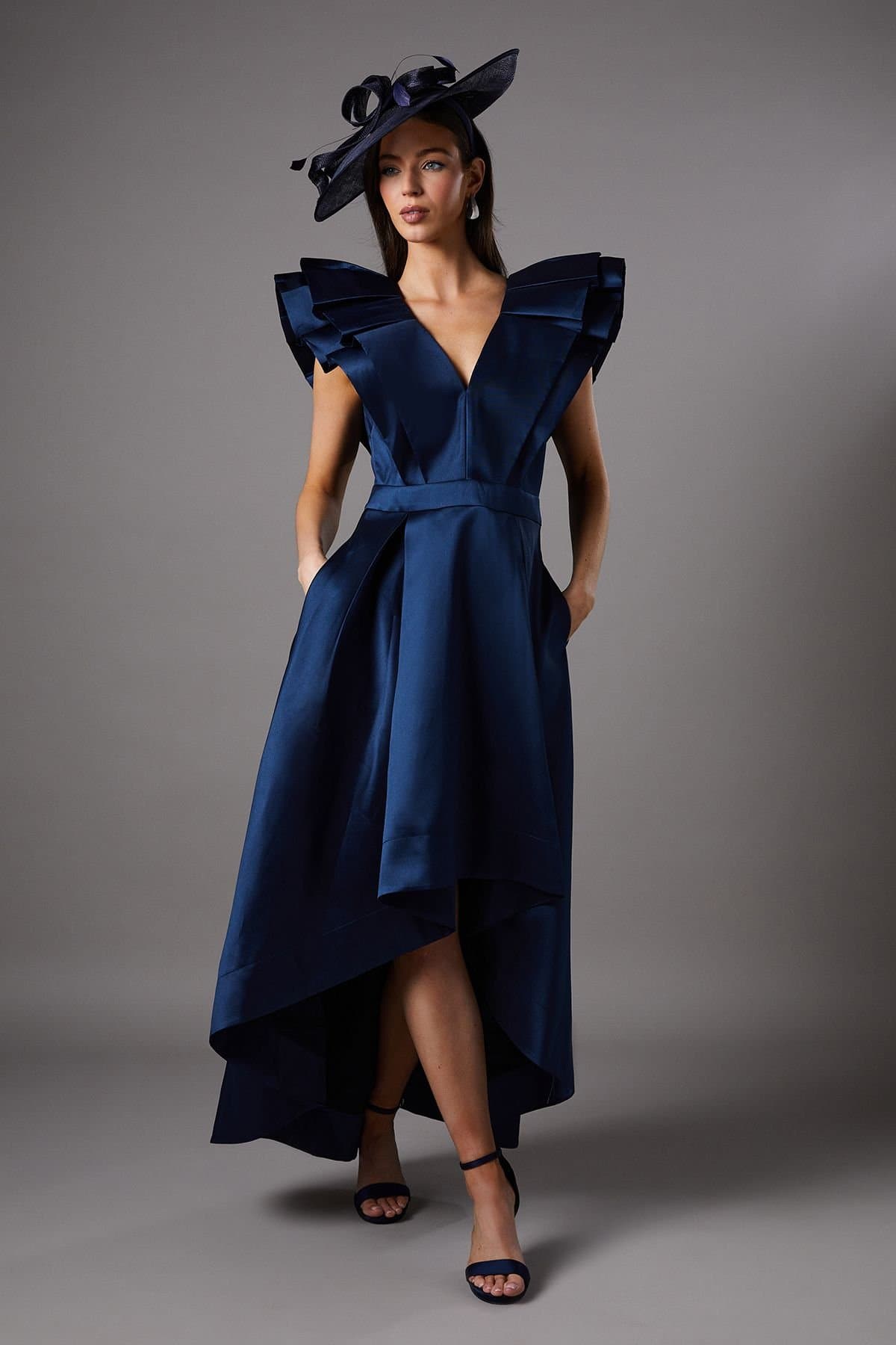 Coast Coast Women's Frill Sleeve V Neck Midi Dress in Navy