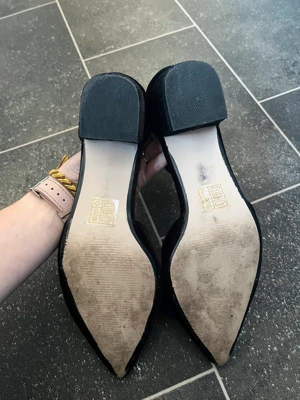 ASOS ASOS Black Velvet Ankle Strap Heels with Colourful Faux Fur Pom-Poms Size 5