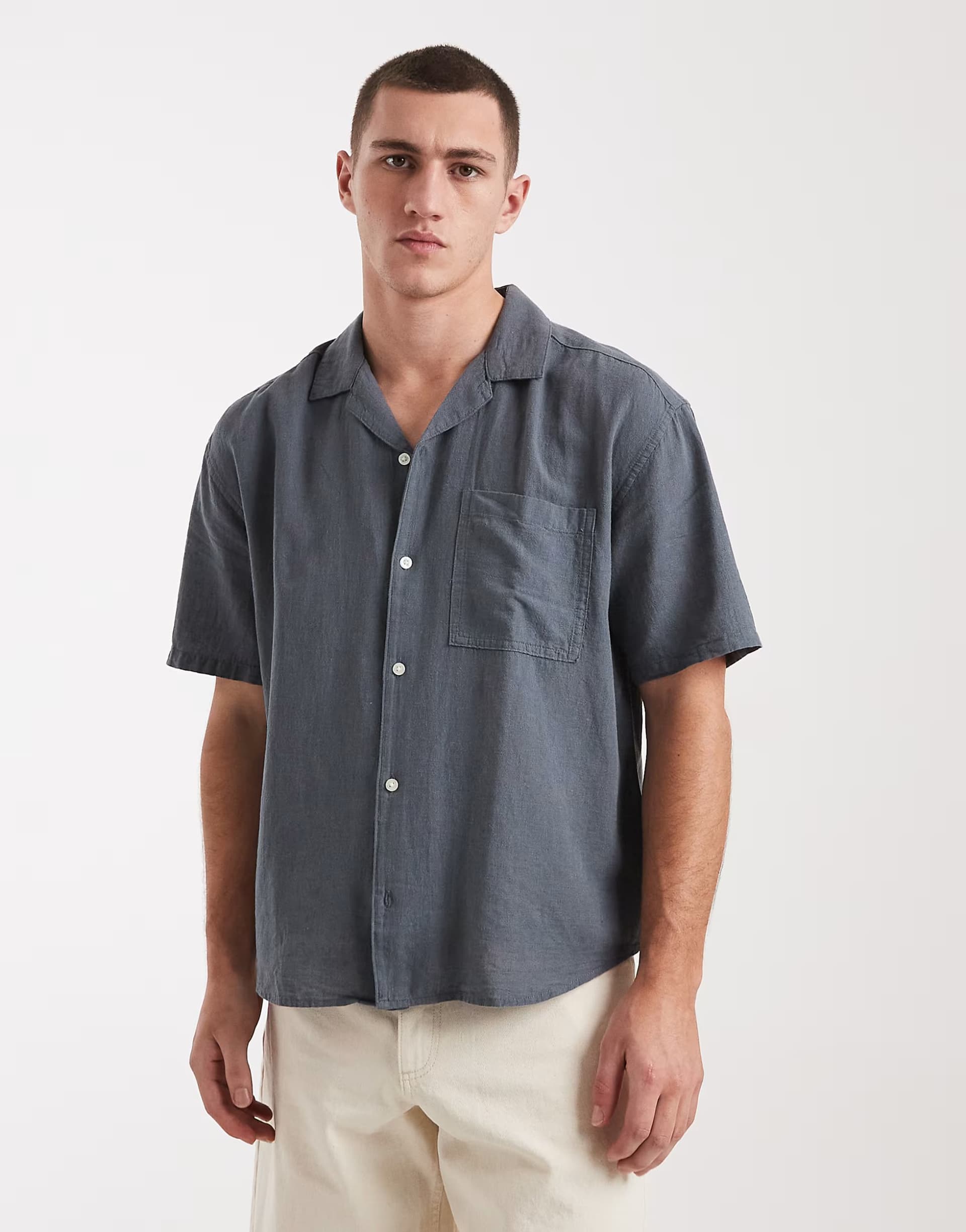 ASOS ONLY & SONS linen mix relaxed resort shirt in blue grey