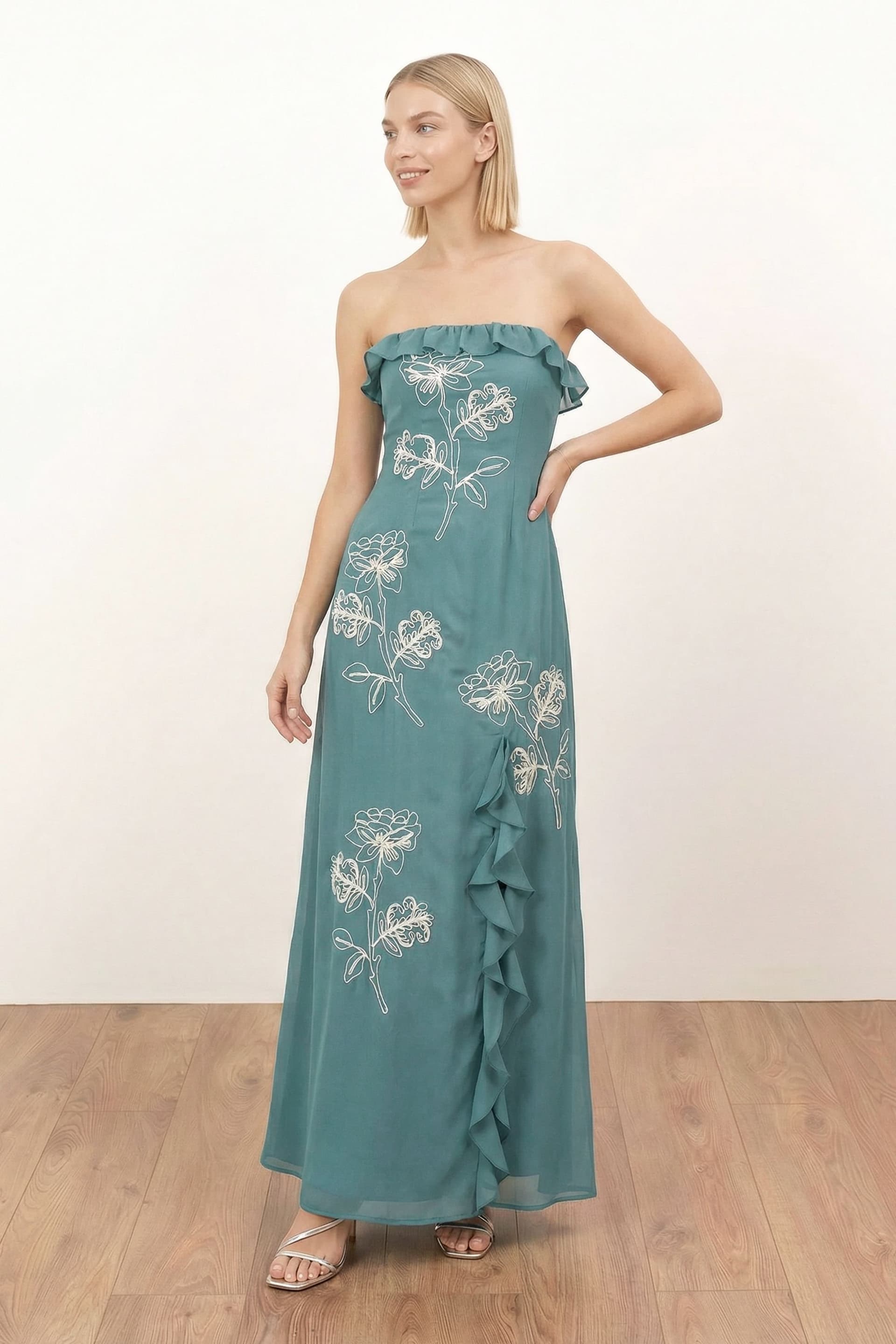 Maya Deluxe Maya Deluxe Women's Floral Embroidery Bandeau Maxi Dress in Turquoise