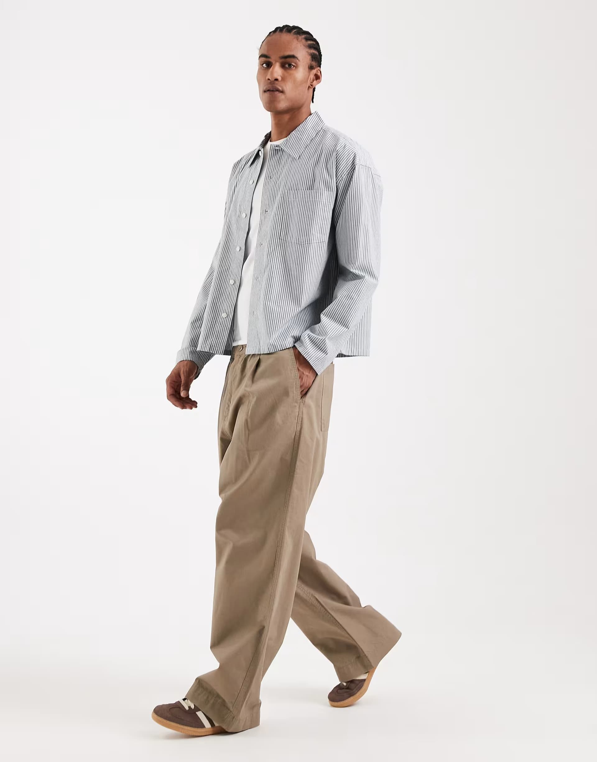 ASOS Jack & Jones boxy long sleeve shirt in navy and white stripe