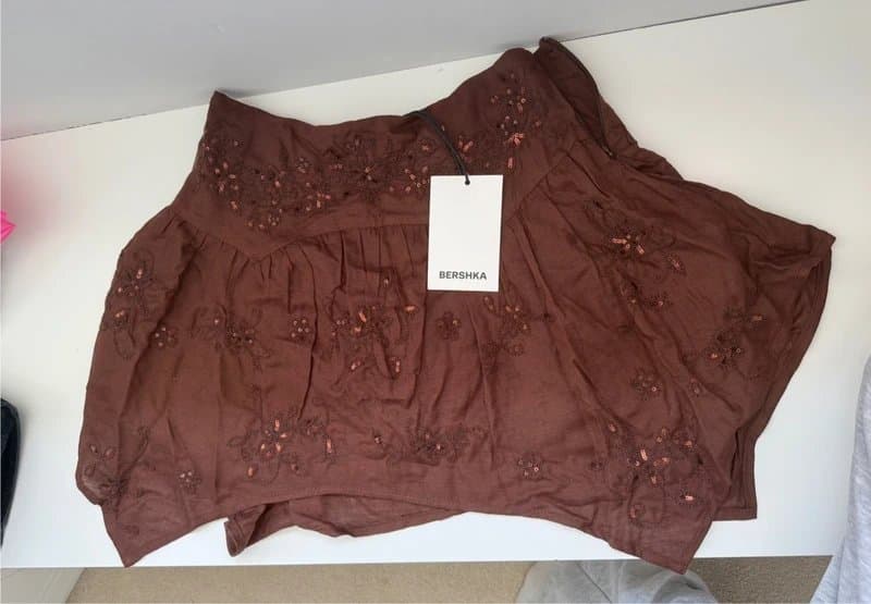 Bershka Bershka Brown Sequin Embroidered Mini Skirt