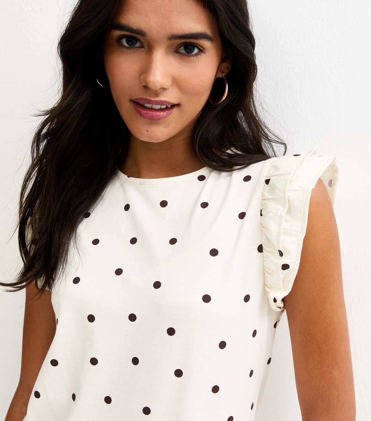 New Look Women's Cream Polka Dot Frill Trim Top New Look