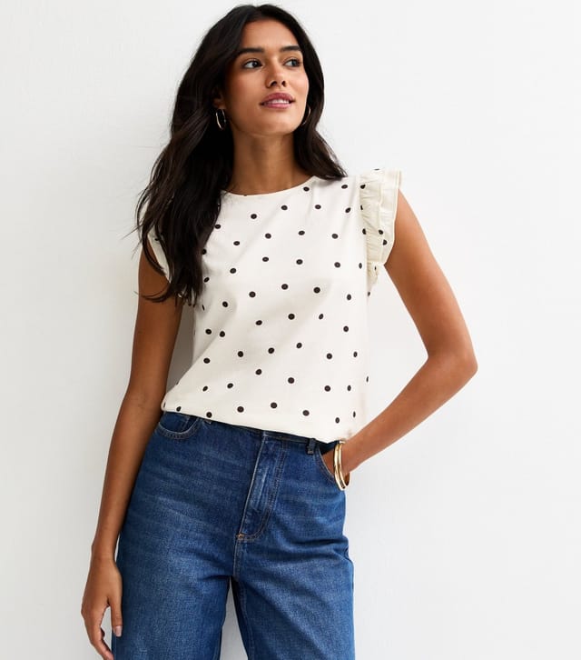 New Look Women's Cream Polka Dot Frill Trim Top New Look - 2