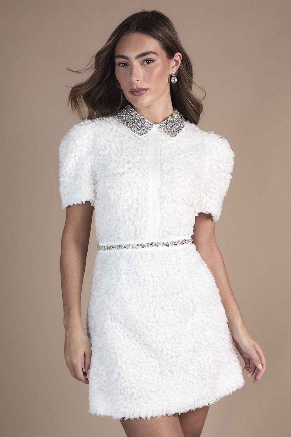 Coast Coast Women's Short Sleeve Jewel Trim Embellished Mini Dress in Ivory - 2